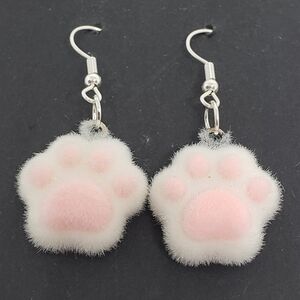 Handmade Kawaii Fuzzy Pink and White Cat Dog Paw Earrings